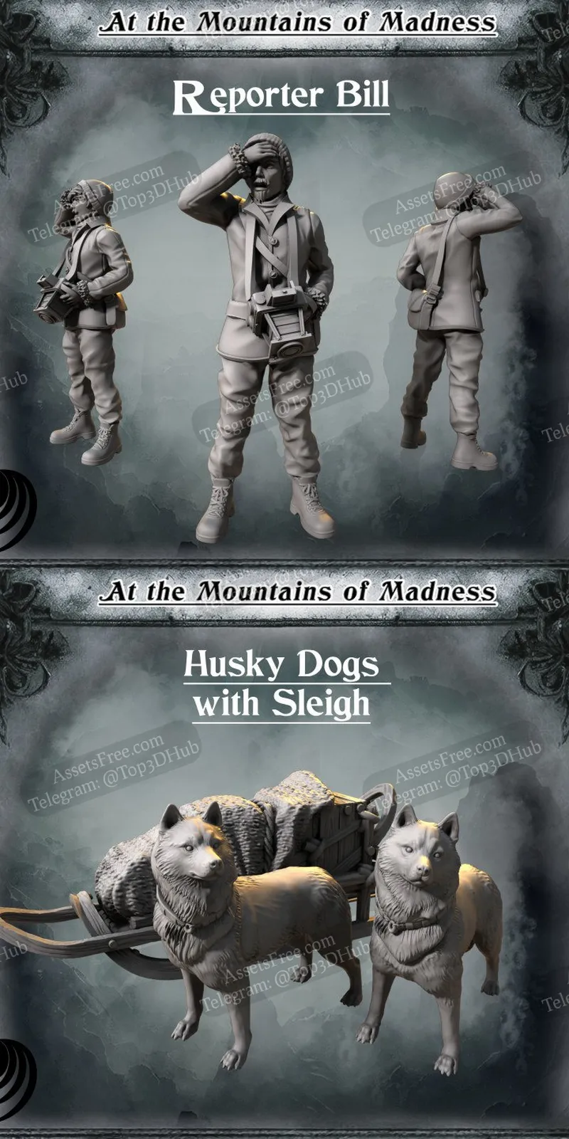 Reporter Bill and Husky Dogs with Sleigh - At the Mountains of Madness