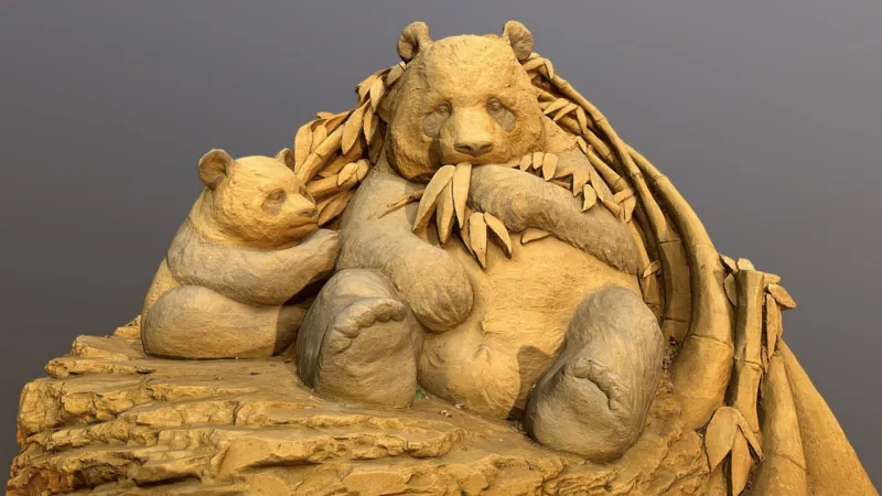Giant pandas sand sculpture