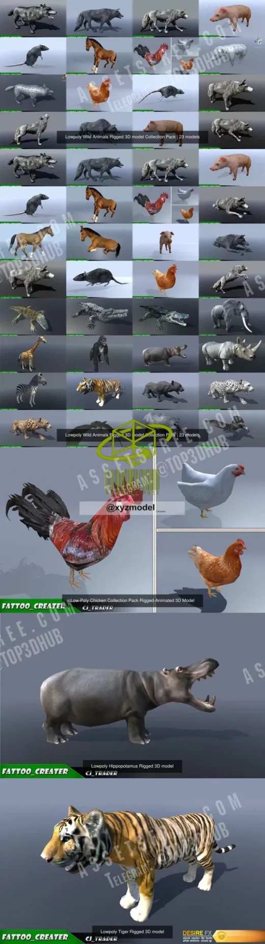 Lowpoly wild animals rigged 3d model collection pack scaled